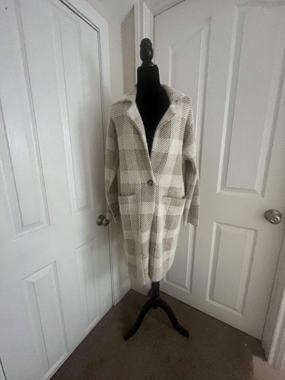 Cato Plaid Long Knit Coat in Cream and Taupe